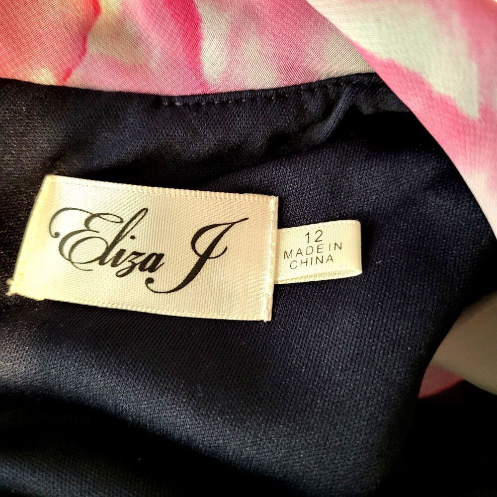 Eliza J Size 12 Multi-Colored Floral Chiffon Overlay Dress Back Zip Black Pink - Picture 4 of 15